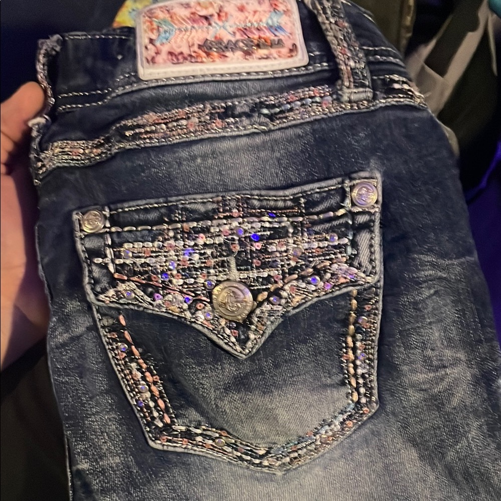Grace in LA Blue Jeans with Ornate Stitching and Rhinestones